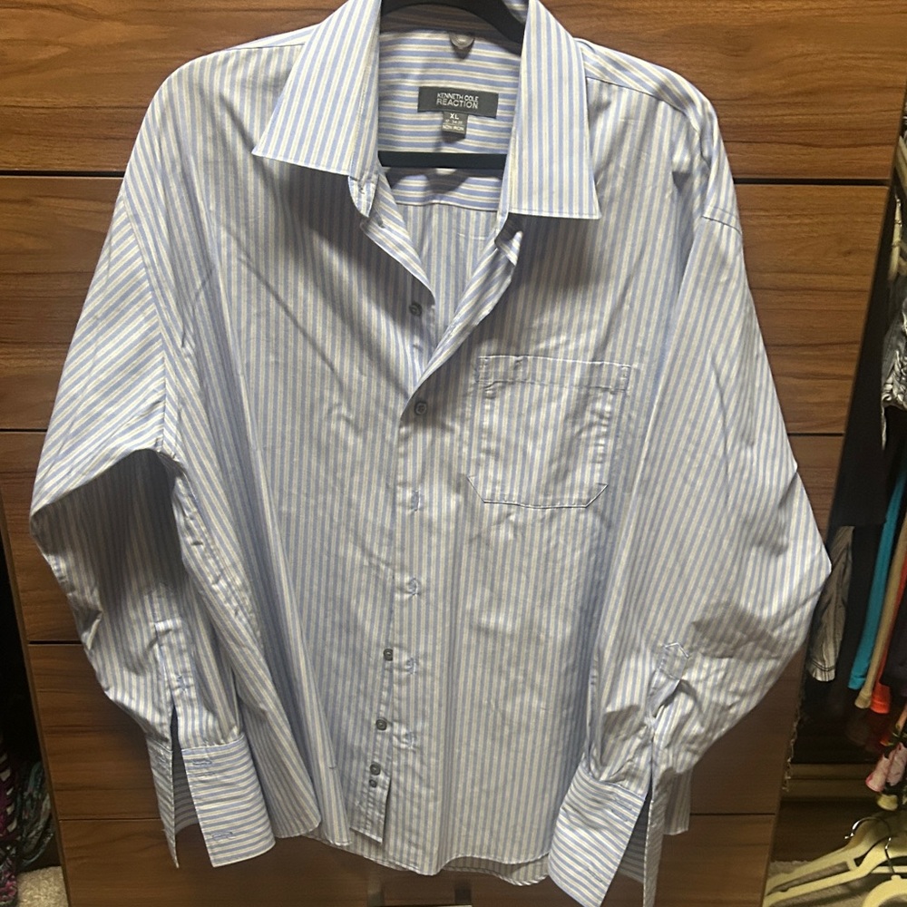 Men’s Reaction Kenneth Cole Blue Striped Dress Shirt XL 17 34-35